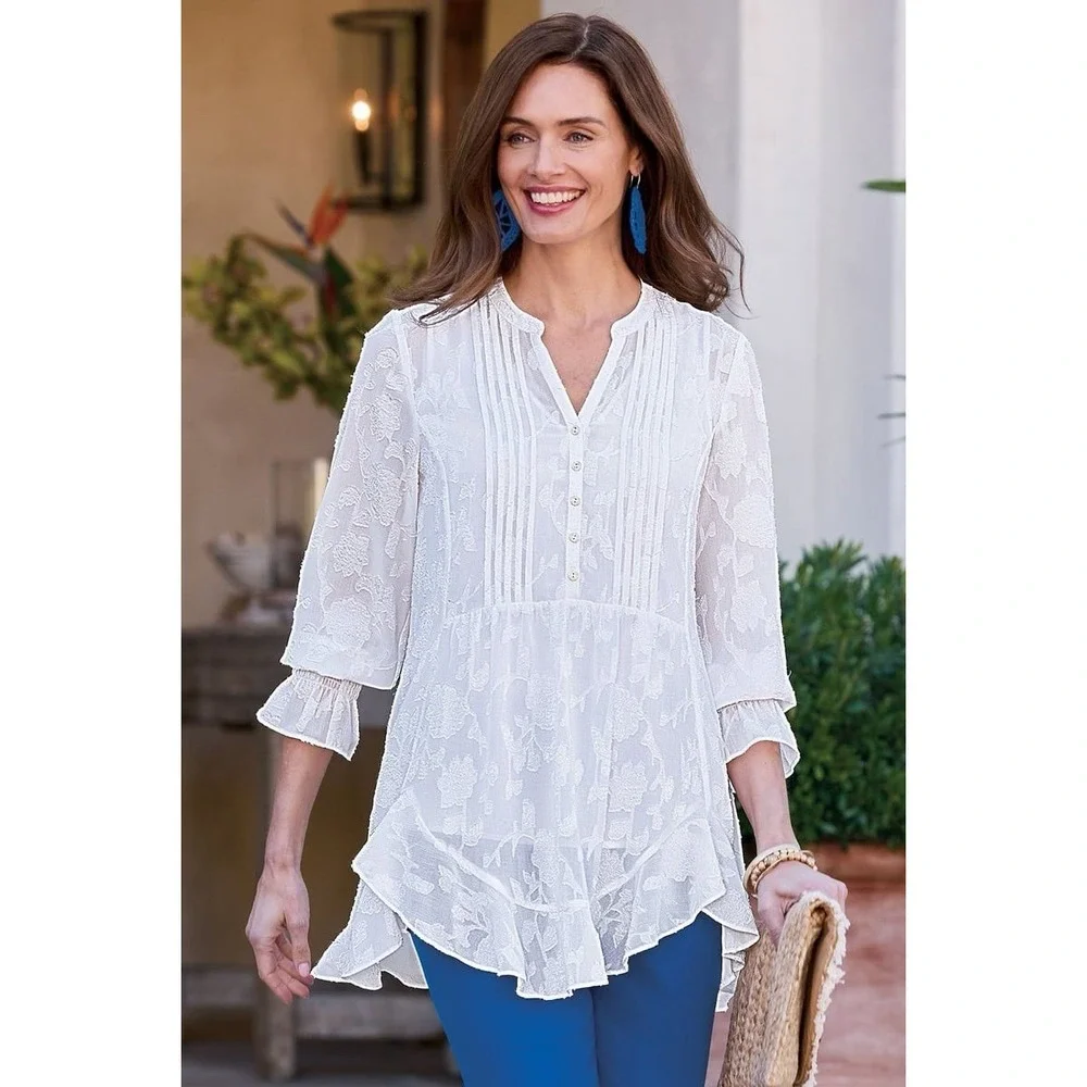 Soft Surroundings Jacquard Sheer Tunic Tank XL Blouse Floral Ruffle Long Sleeve - Picture 8 of 9